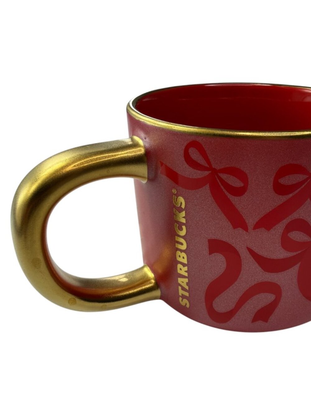 Starbucks Red Ribbon Ceramic Coffee Mug Cup w/ Gold Handle Holiday Christmas
